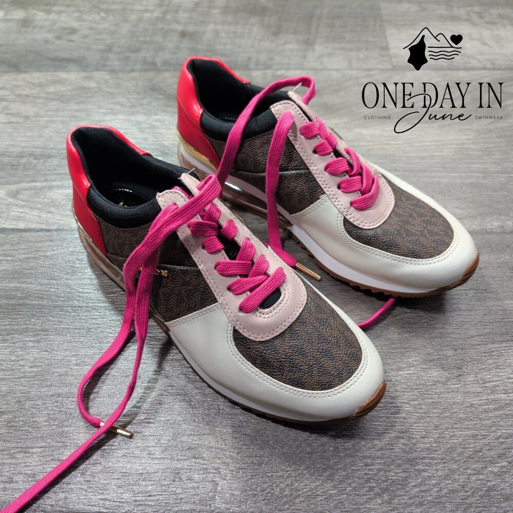Michael Kors MK Logo Colorblock Sneakers Brown Pink Size 6.5